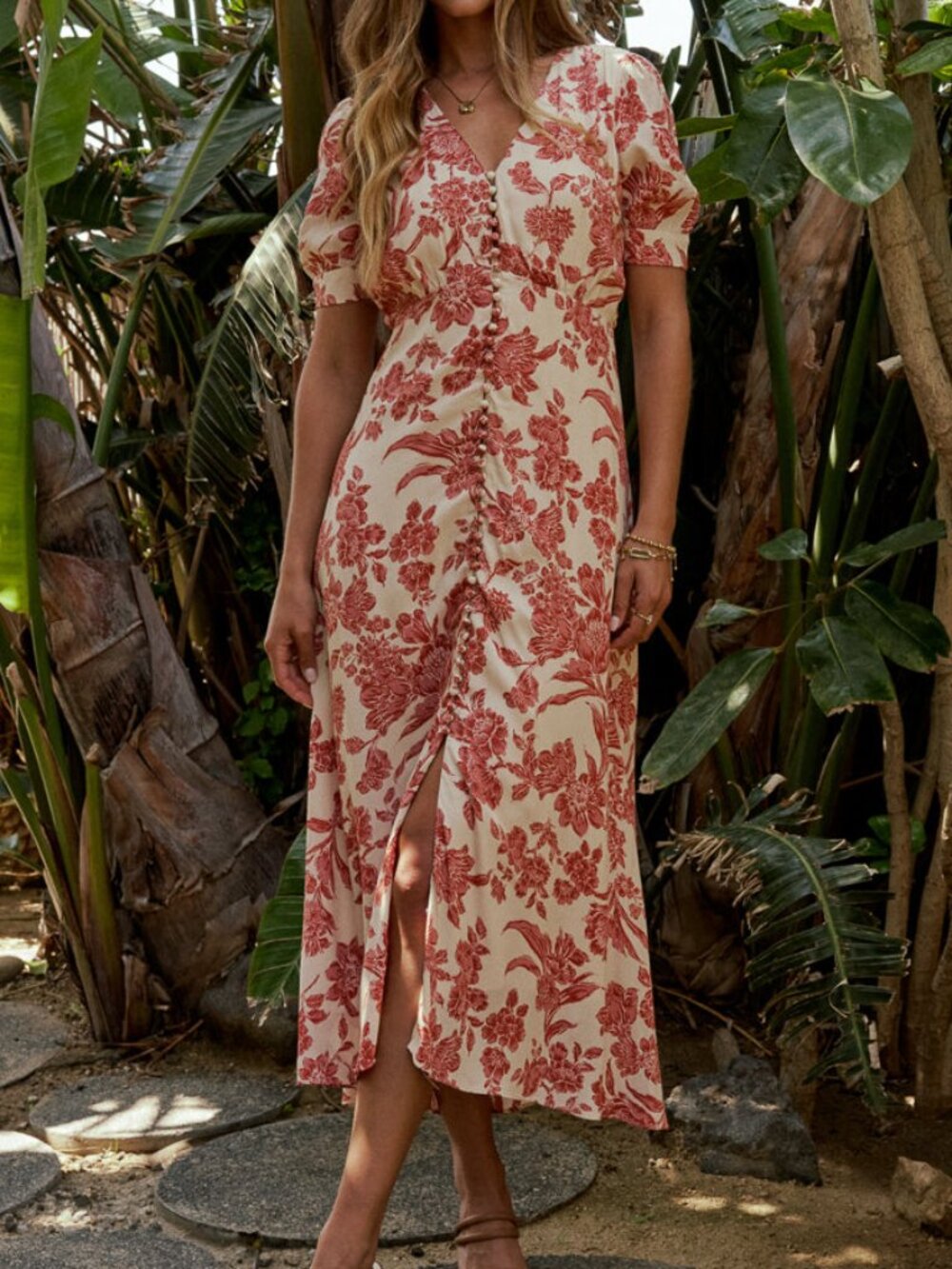 Böhme Lia Floral Midi Dress in Rust Size Small Button Front Cottagecore